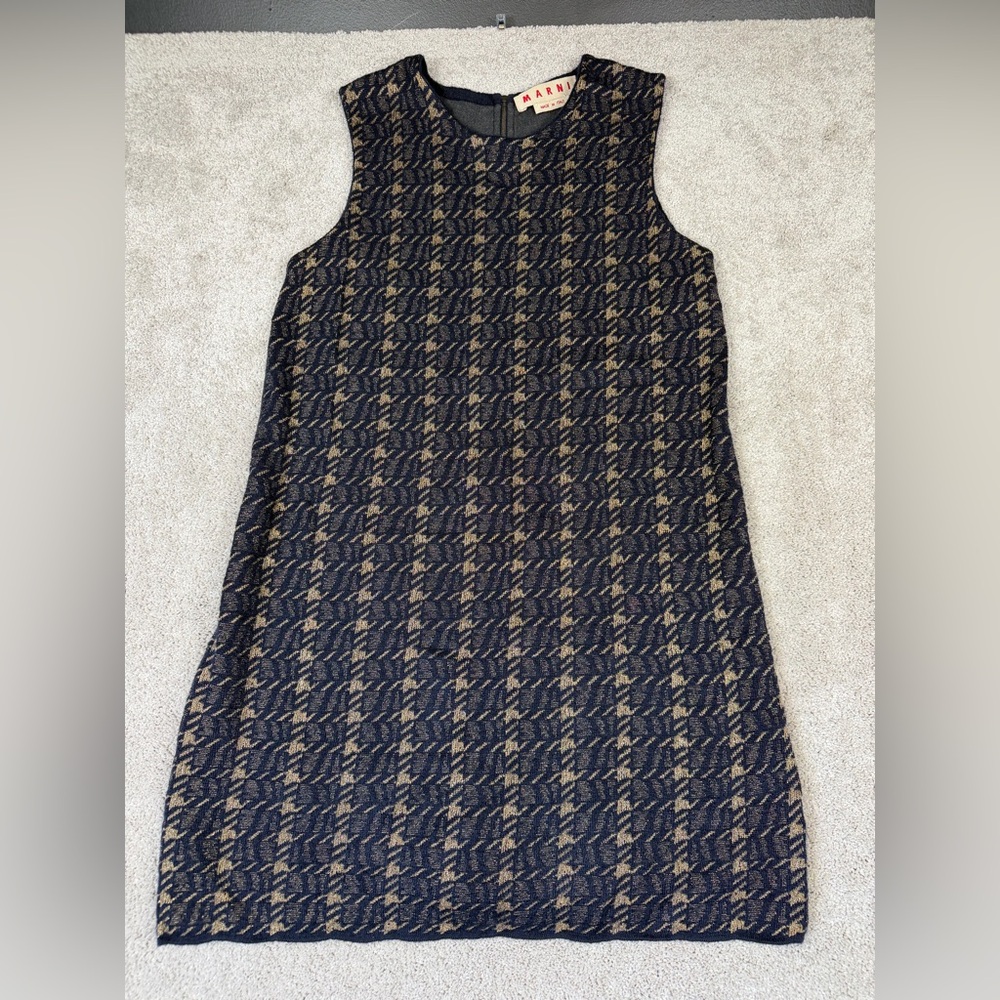 Marni Navy Blue Houndstooth Wool Mohair Sleeveless Dress Size 46‎ US Size 10
